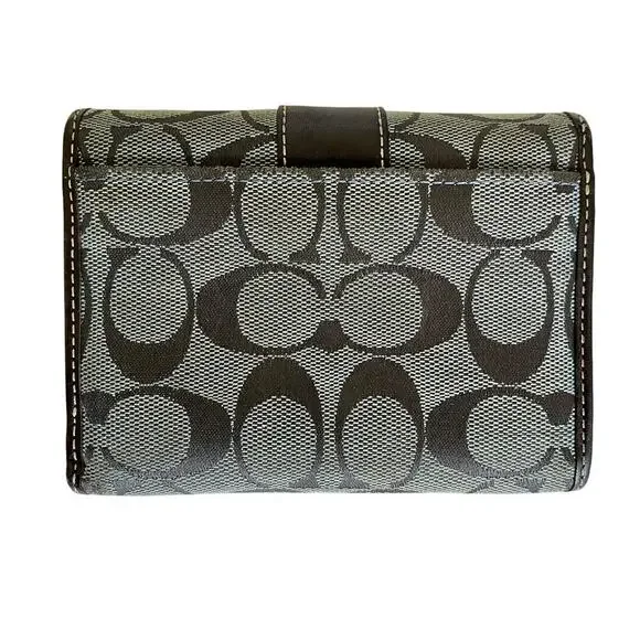 Coach Signature Gray Monogram Jacquard Brown Leather Trim Trifold Wallet Y2K - Picture 2 of 12
